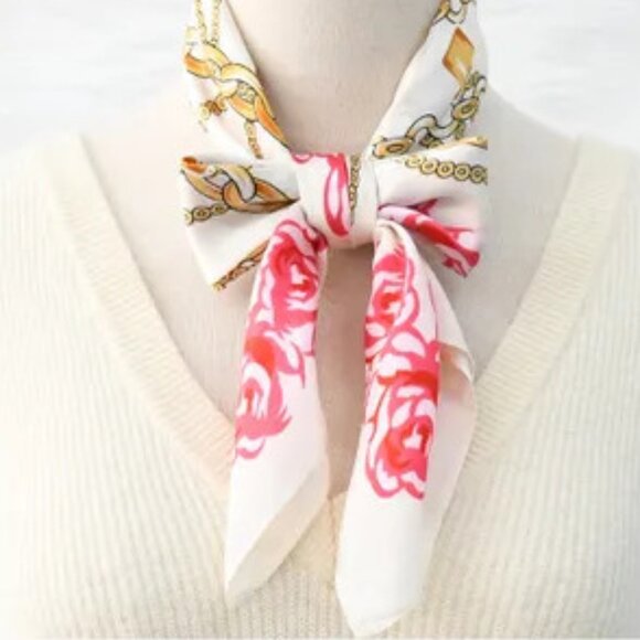 2/$30 Chain & Floral Silk Satin Scarf Large Square Head Scarf Bag Charm Bandana - Picture 5 of 6